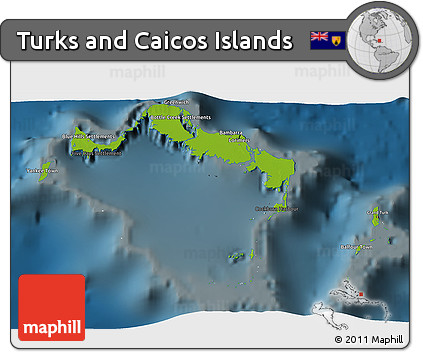 Physical 3D Map of Turks and Caicos Islands, darken