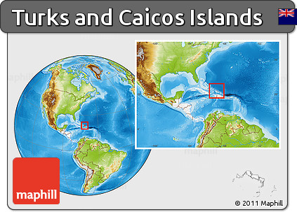 Physical Location Map of Turks and Caicos Islands, highlighted continent, within the entire continent