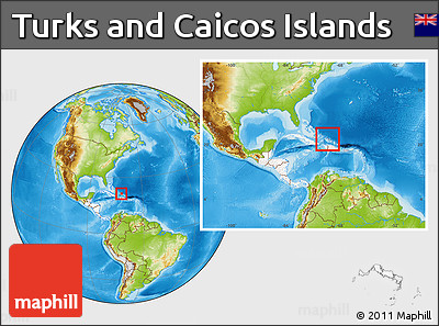 Physical Location Map of Turks and Caicos Islands, highlighted continent, within the entire continent