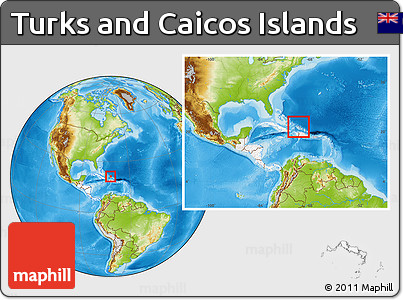 Physical Location Map of Turks and Caicos Islands, highlighted continent, within the entire continent
