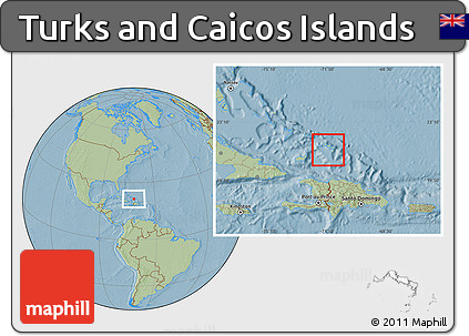 Savanna Style Location Map of Turks and Caicos Islands, hill shading outside