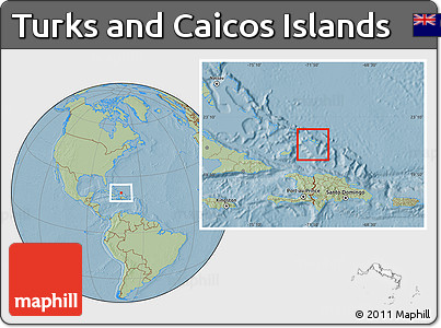 Savanna Style Location Map of Turks and Caicos Islands, hill shading outside