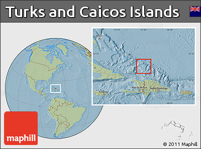 Savanna Style Location Map of Turks and Caicos Islands, hill shading outside