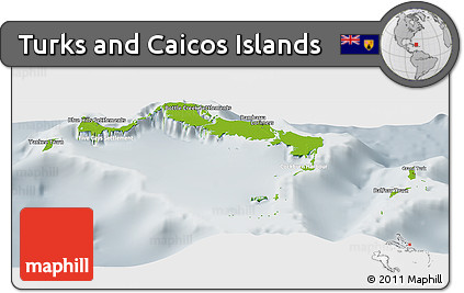 Physical Panoramic Map of Turks and Caicos Islands, lighten, semi-desaturated