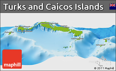 Physical Panoramic Map of Turks and Caicos Islands, political shades outside, shaded relief sea