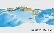 Political Shades Panoramic Map of Turks and Caicos Islands, satellite outside, bathymetry sea