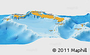 Political Shades Panoramic Map of Turks and Caicos Islands, shaded relief outside, bathymetry sea