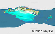 Satellite Panoramic Map of Turks and Caicos Islands, darken, semi-desaturated, land only