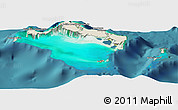 Shaded Relief Panoramic Map of Turks and Caicos Islands, single color outside, satellite sea