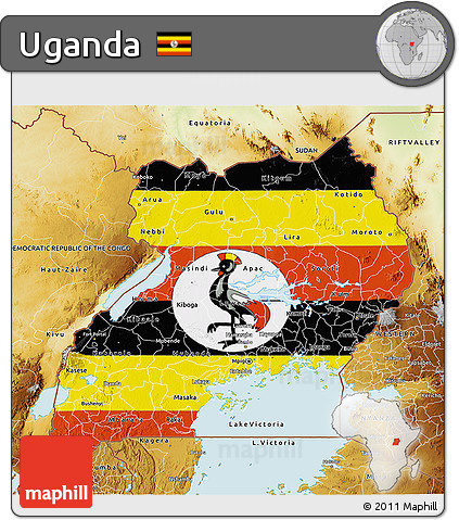 Flag 3D Map of Uganda, physical outside, flag centered