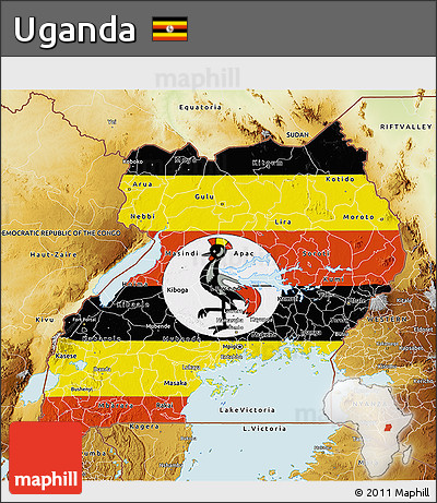 Flag 3D Map of Uganda, physical outside, flag centered