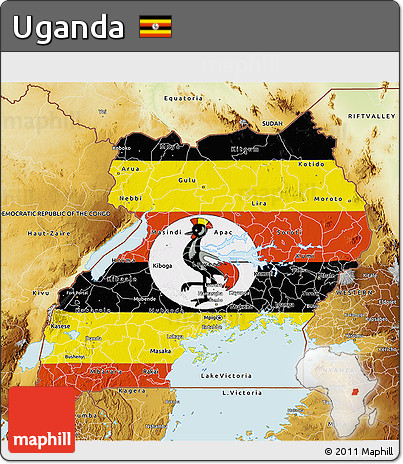 Flag 3D Map of Uganda, physical outside, flag centered