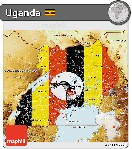 Flag 3D Map of Uganda, physical outside, flag aligned to the middle