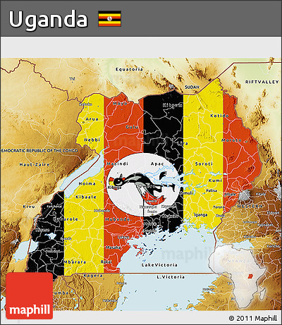 Flag 3D Map of Uganda, physical outside, flag aligned to the middle