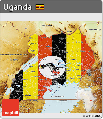 Flag 3D Map of Uganda, physical outside, flag aligned to the middle