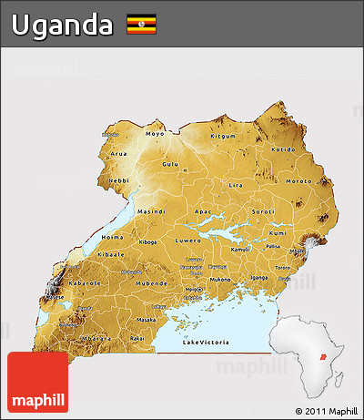 Physical 3D Map of Uganda, cropped outside