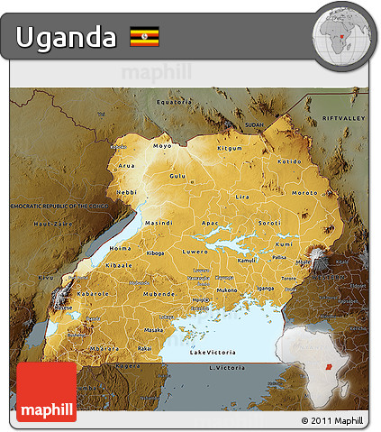 Physical 3D Map of Uganda, darken