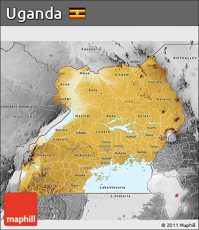 Physical 3D Map of Uganda, desaturated