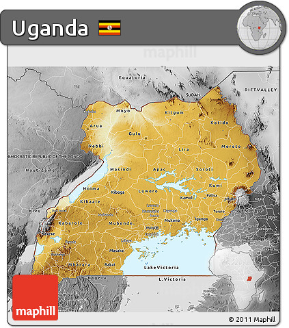 Physical 3D Map of Uganda, desaturated