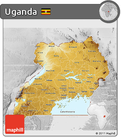 Physical 3D Map of Uganda, lighten, desaturated