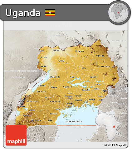 Physical 3D Map of Uganda, lighten, semi-desaturated