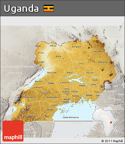 Physical 3D Map of Uganda, lighten, semi-desaturated
