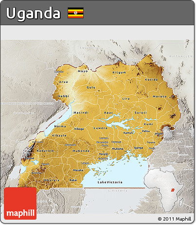 Physical 3D Map of Uganda, lighten, semi-desaturated