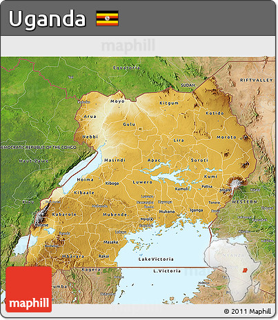Physical 3D Map of Uganda, satellite outside