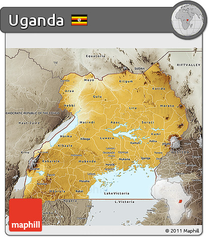 Physical 3D Map of Uganda, semi-desaturated