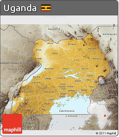 Physical 3D Map of Uganda, semi-desaturated