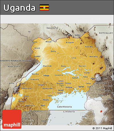 Physical 3D Map of Uganda, semi-desaturated