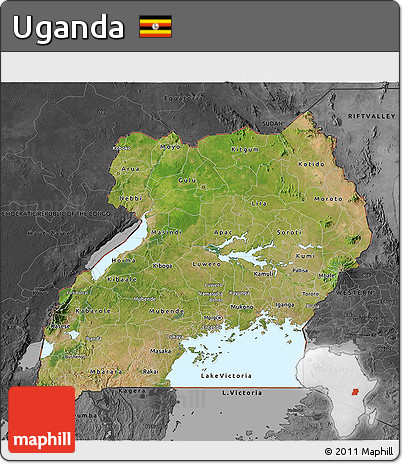 Satellite 3D Map of Uganda, darken, desaturated