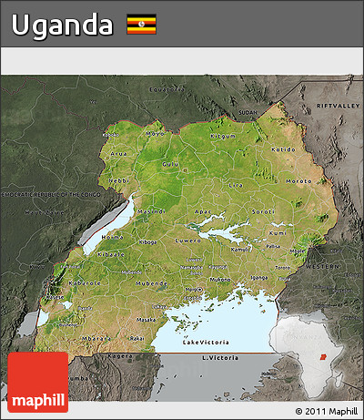 Satellite 3D Map of Uganda, darken, semi-desaturated