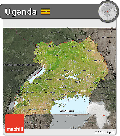 Satellite 3D Map of Uganda, darken, semi-desaturated