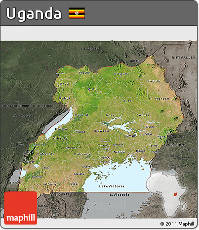 Satellite 3D Map of Uganda, darken, semi-desaturated