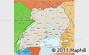 Shaded Relief 3D Map of Uganda, political shades outside