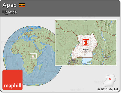 Savanna Style Location Map of Apac, highlighted country, hill shading