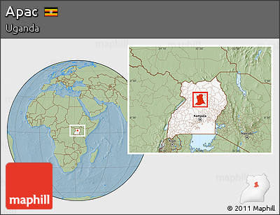 Savanna Style Location Map of Apac, highlighted country, hill shading