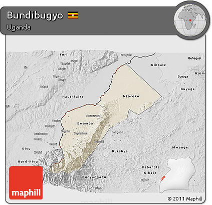 Shaded Relief 3D Map of Bundibugyo, desaturated