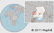 Gray Location Map of Bundibugyo, highlighted country, within the entire country, hill shading