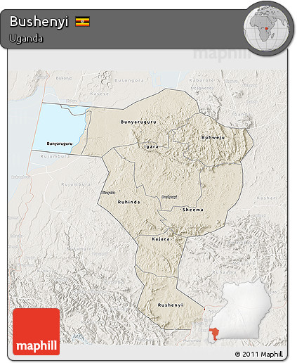 Shaded Relief 3D Map of Bushenyi, lighten
