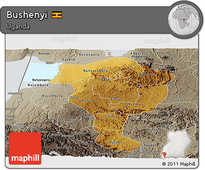 Physical Panoramic Map of Bushenyi, semi-desaturated