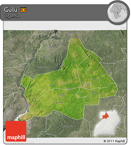 Satellite 3D Map of Gulu, semi-desaturated