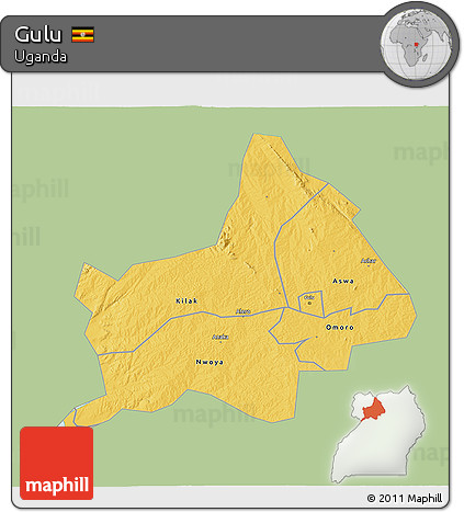 Savanna Style 3D Map of Gulu, single color outside