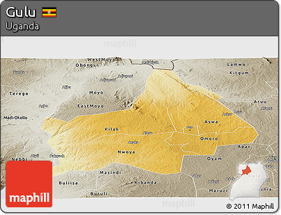 Physical Panoramic Map of Gulu, semi-desaturated