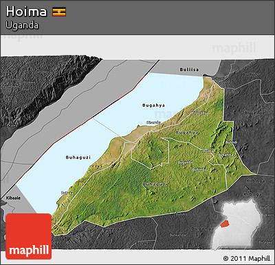 Satellite 3D Map of Hoima, darken, desaturated