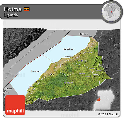 Satellite 3D Map of Hoima, darken, desaturated
