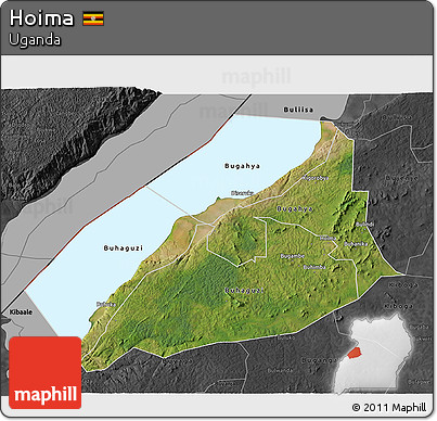 Satellite 3D Map of Hoima, darken, desaturated