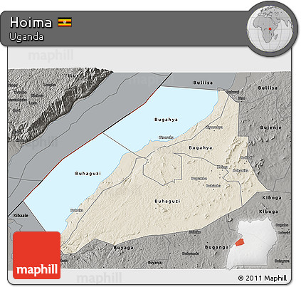 Shaded Relief 3D Map of Hoima, darken, semi-desaturated