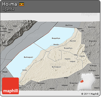 Shaded Relief 3D Map of Hoima, darken, semi-desaturated
